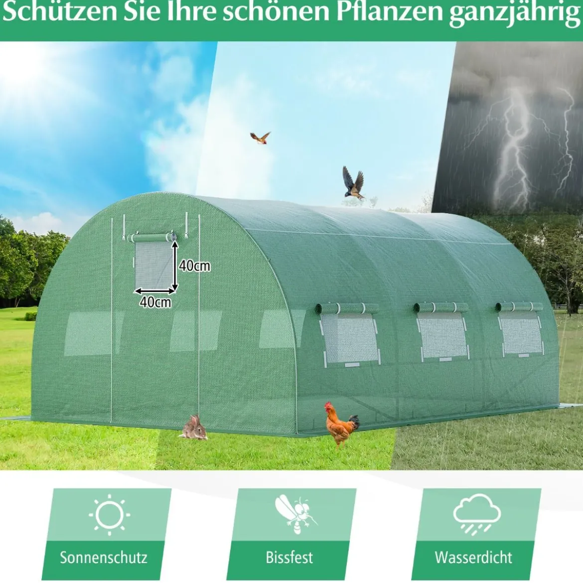 Gewächshaus 4 x 3 x 2m|12m² Foliengewächshaus mit Metallgestell Treibhaus mit 6 aufrollbaren Netzfenstern Grün