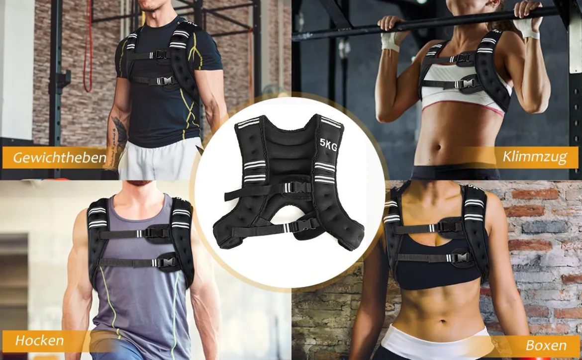 Gewichtsweste 5 kg Körpergewichtsweste Sportweste mit Reflektoren und Einstellriemen Schwarz