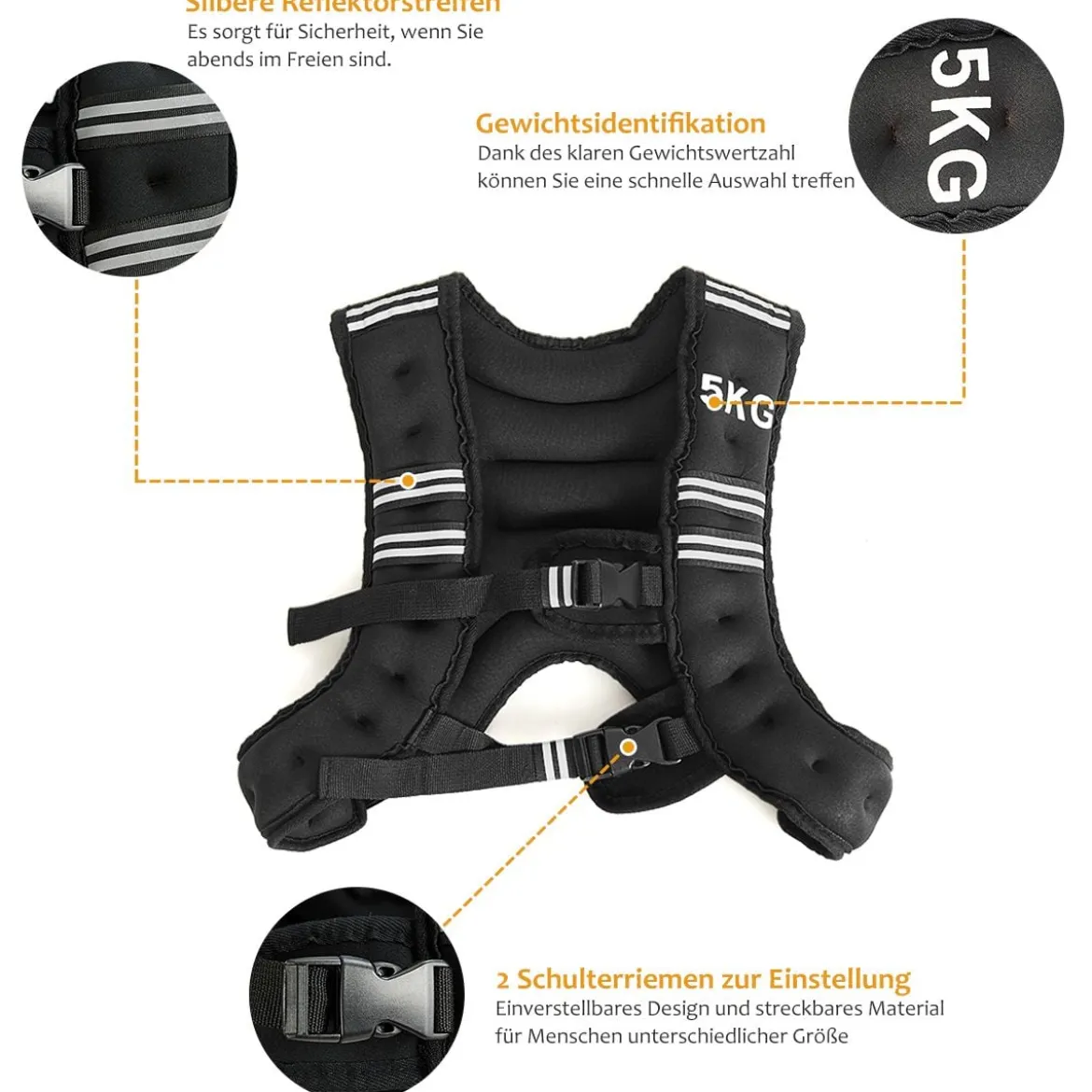 Gewichtsweste 5 kg Körpergewichtsweste Sportweste mit Reflektoren und Einstellriemen Schwarz