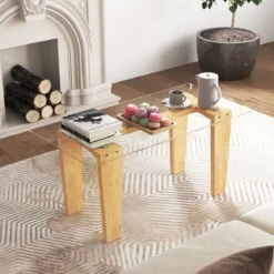 Glas Couchtisch mit Gummiholzbeinen Rechteckiger Beistelltisch Glastisch Kaffeetisch