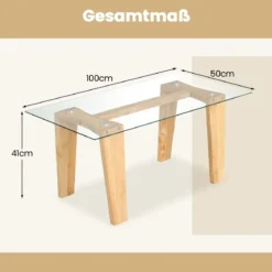 Glas Couchtisch mit Gummiholzbeinen Rechteckiger Beistelltisch Glastisch Kaffeetisch