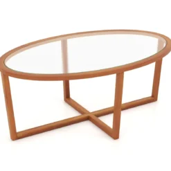 Glas Couchtisch mit Kreuzfuß & Beinen aus Akazienholz Modern Glastisch Beistelltisch