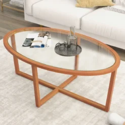 Glas Couchtisch mit Kreuzfuß & Beinen aus Akazienholz Modern Glastisch Beistelltisch