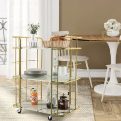 Goldener Barwagen 3-Stöckiger Servierwagen mit Marmoroberfläche 66 x 40 x 82 cm