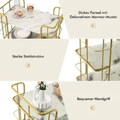 Goldener Barwagen 3-Stöckiger Servierwagen mit Marmoroberfläche 66 x 40 x 82 cm