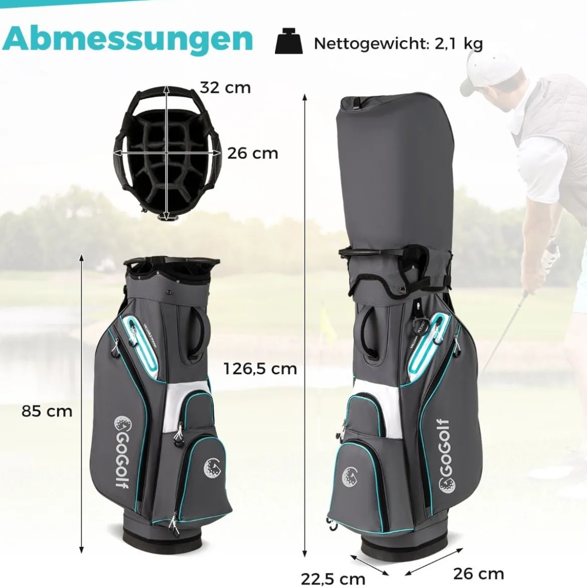 Golfbag Leichtes Golf Cart Bag mit 14 er Unterteilung Wasserabweisende Golftasche Grau