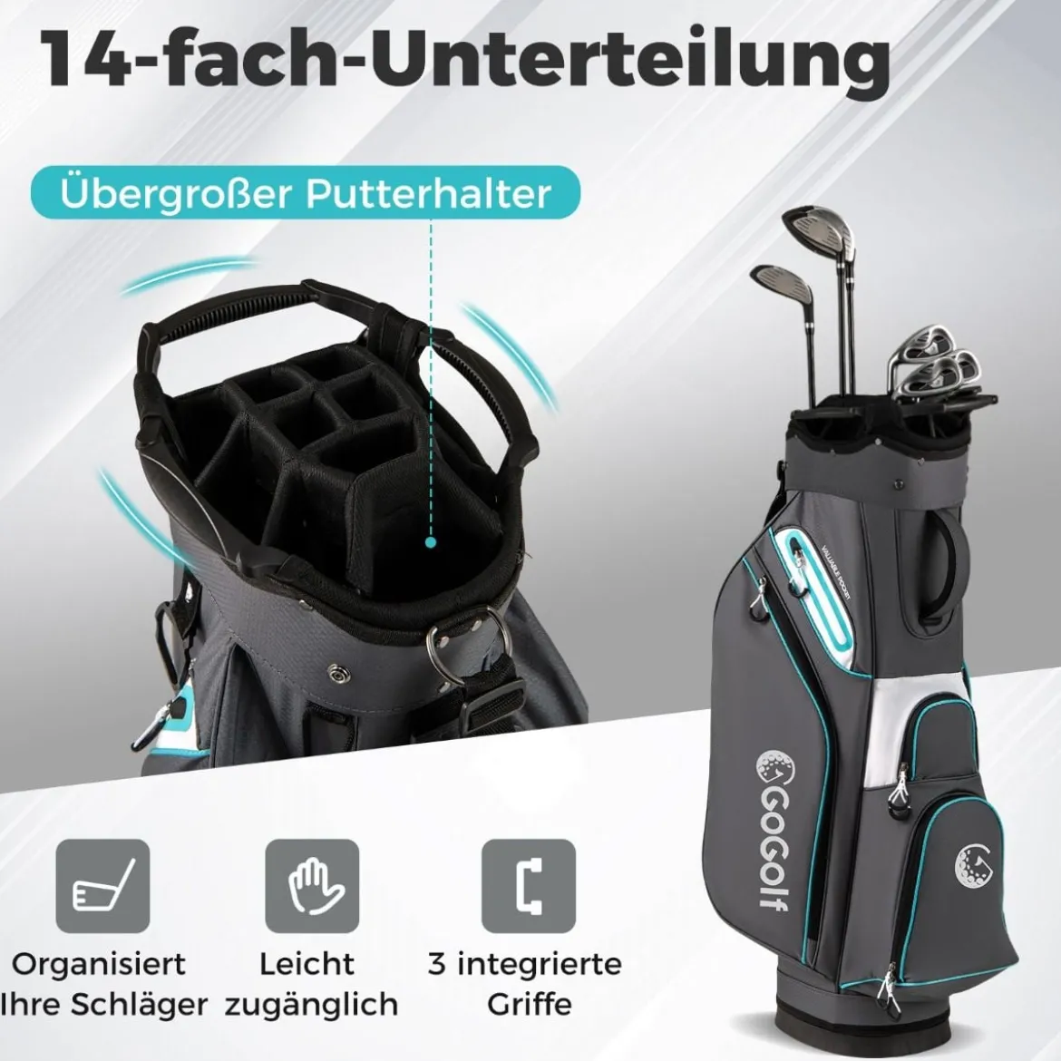 Golfbag Leichtes Golf Cart Bag mit 14 er Unterteilung Wasserabweisende Golftasche Grau