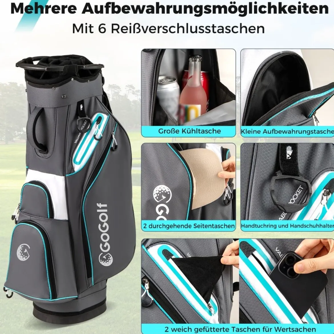 Golfbag Leichtes Golf Cart Bag mit 14 er Unterteilung Wasserabweisende Golftasche Grau