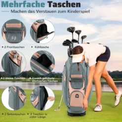 Golfbag mit 14 er Unterteilung & Tragegurt & Regenhaube & 11 Taschen Leichtes Golf Cart Bag Rosa