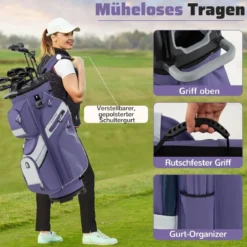 Golfbag mit 14 er Unterteilung & Tragegurt & Regenhaube & 11 Taschen Leichtes Golf Cart Bag Violett