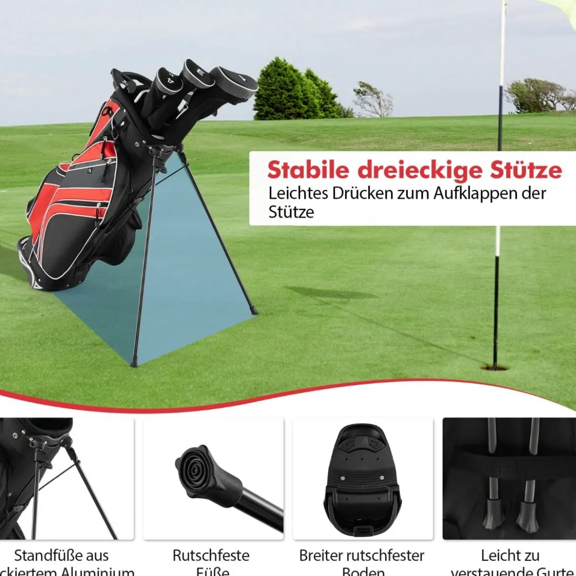 Golfbag mit Ständer und Regenschirmhalter 7 Standbag inkl Kühltasche und Schultergurt Rot