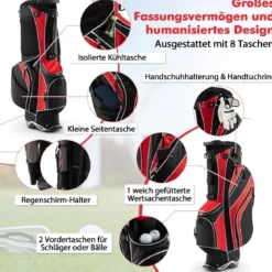 Golfbag mit Ständer und Regenschirmhalter 7 Standbag inkl Kühltasche und Schultergurt Rot