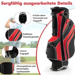 Golfbag mit Ständer und Regenschirmhalter 7 Standbag inkl Kühltasche und Schultergurt Rot