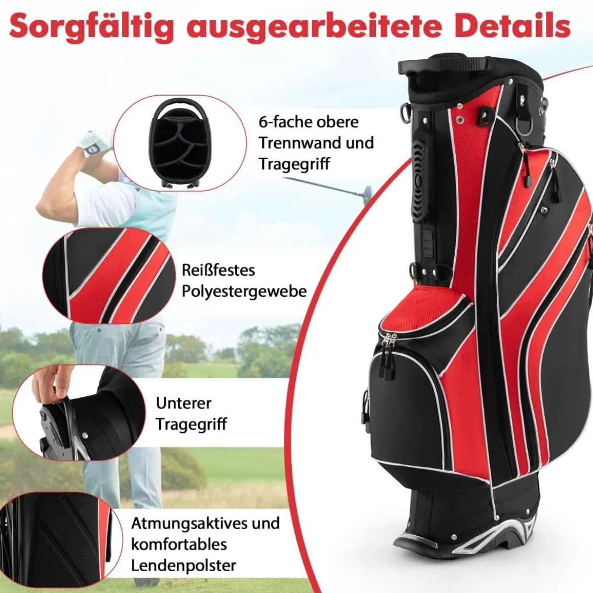 Golfbag mit Ständer und Regenschirmhalter 7 Standbag inkl Kühltasche und Schultergurt Rot