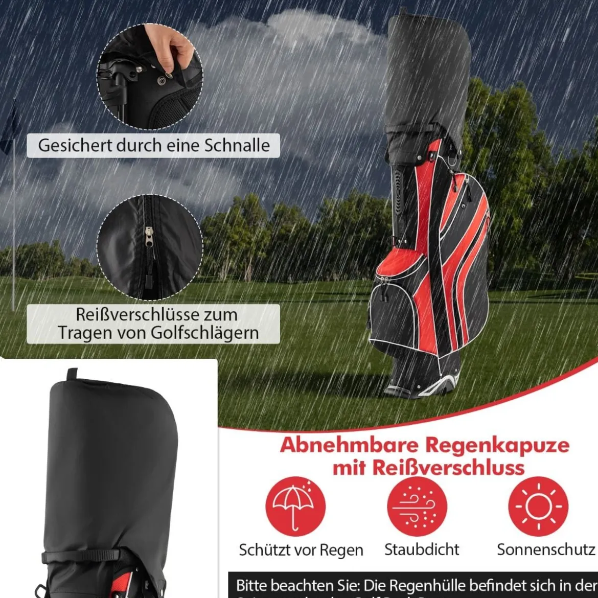 Golfbag mit Ständer und Regenschirmhalter 7 Standbag inkl Kühltasche und Schultergurt Rot