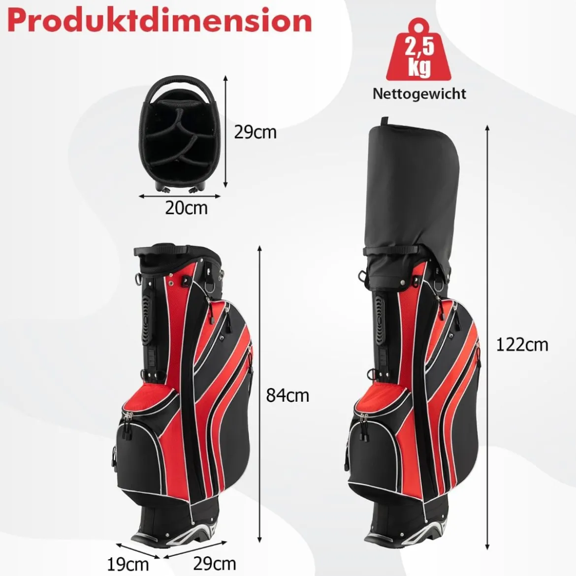 Golfbag mit Ständer und Regenschirmhalter 7 Standbag inkl Kühltasche und Schultergurt Rot