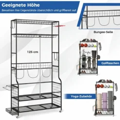 Golf Organizer mit Abnehmbaren Rollen & 4 Haken & 2 Körben Golfschläger-Organizer Schwarz
