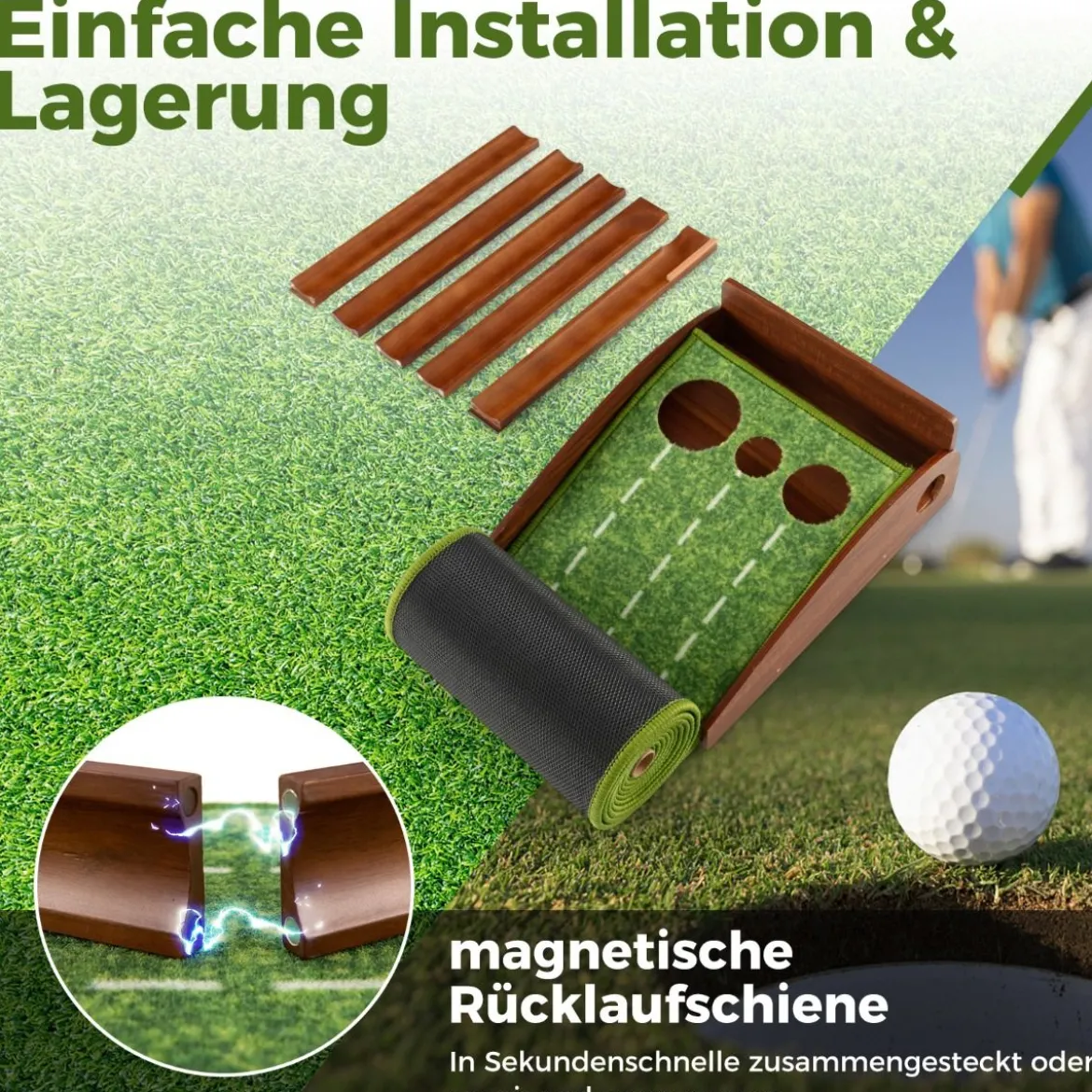 Golf Puttingmatte mit 3 Löchern & 3 Golfbällen & Kunstrasen Golfmatte Putting Trainer Grün