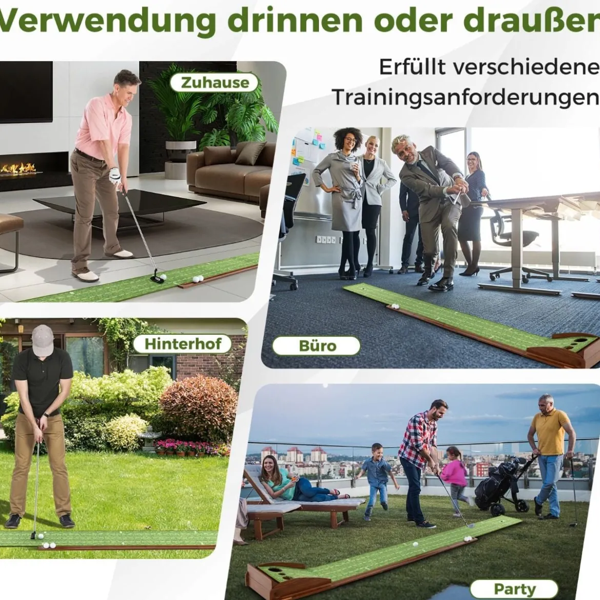 Golf Puttingmatte mit 3 Löchern & 3 Golfbällen & Kunstrasen Golfmatte Putting Trainer Grün