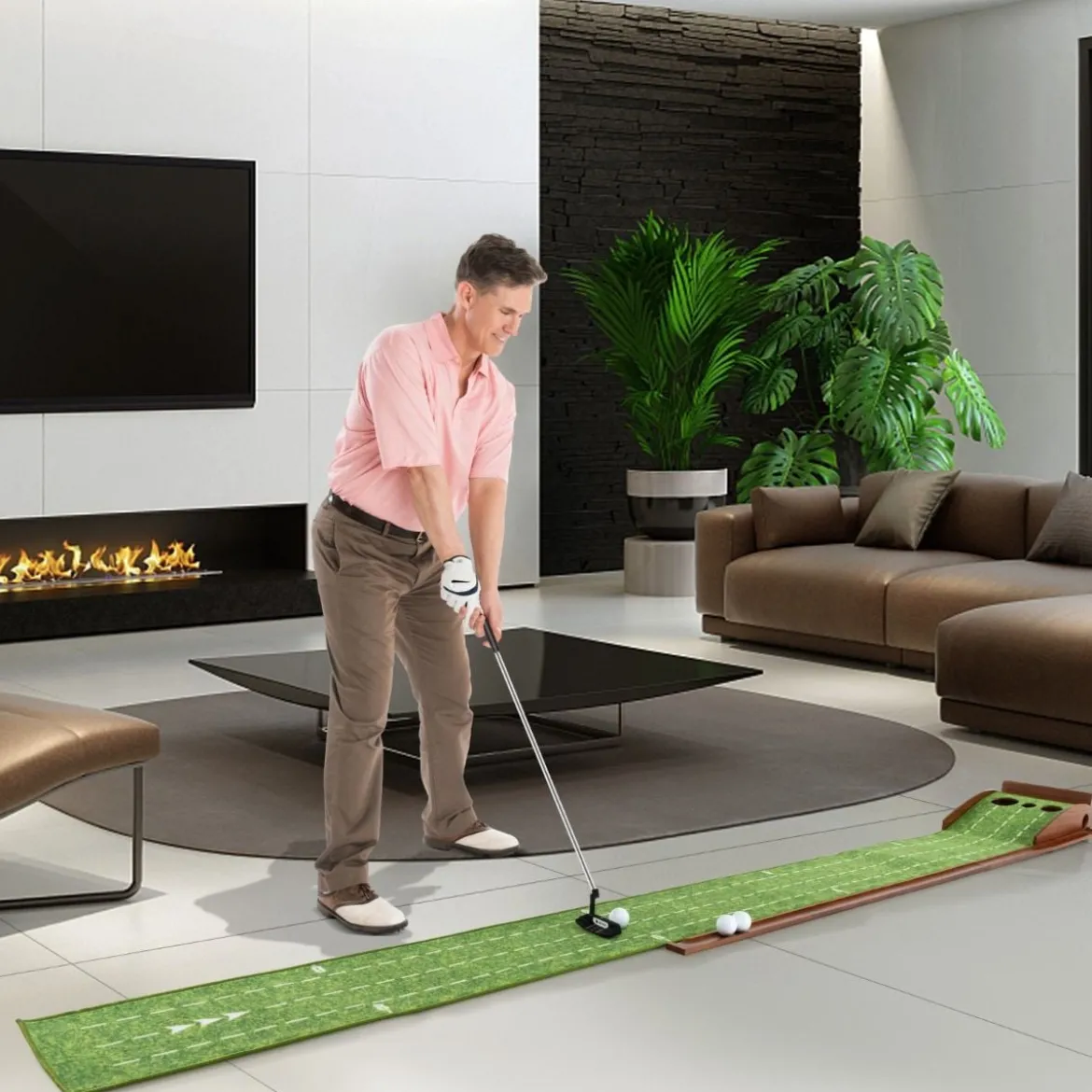 Golf Puttingmatte mit 3 Löchern & 3 Golfbällen & Kunstrasen Golfmatte Putting Trainer Grün