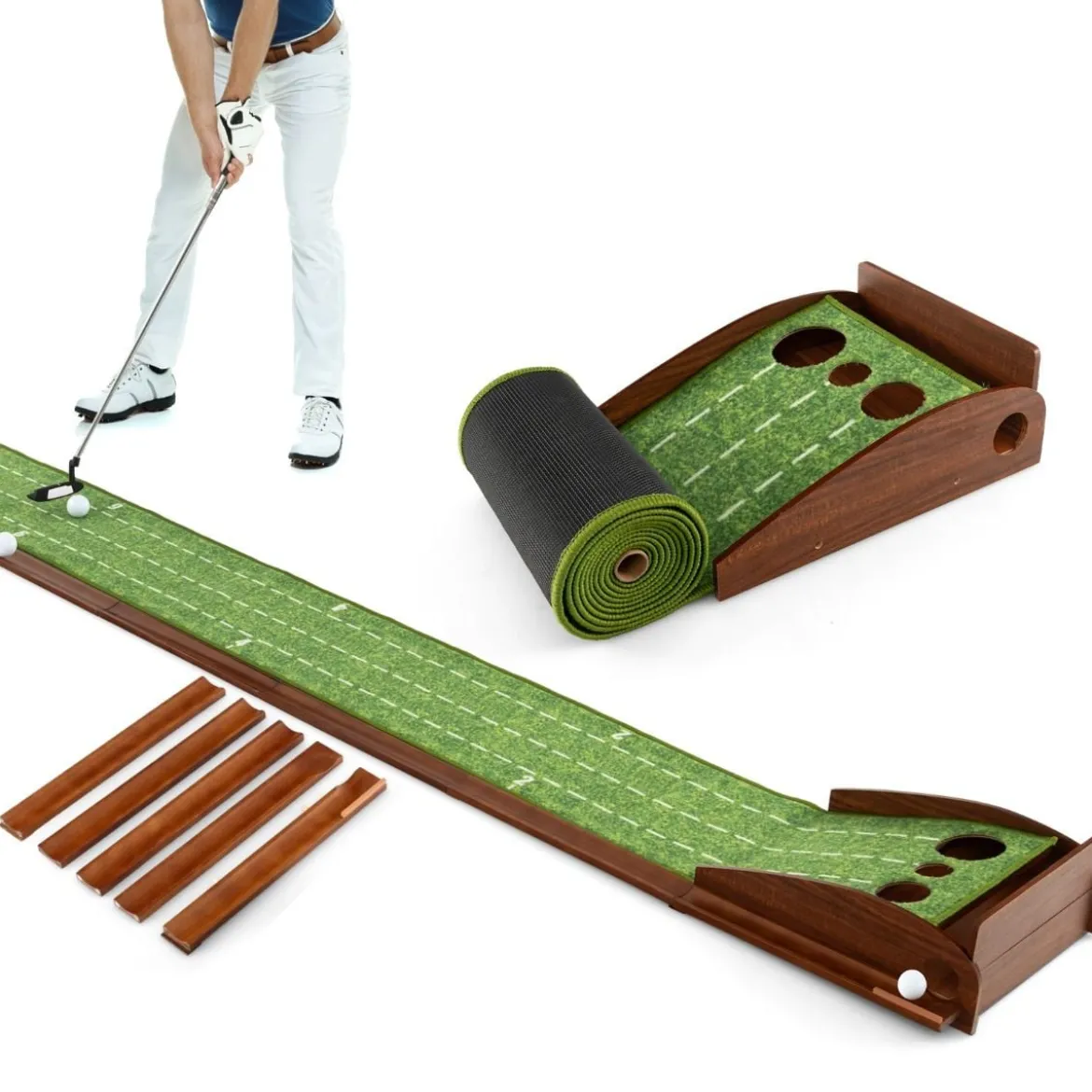 Golf Puttingmatte mit 3 Löchern & 3 Golfbällen & Kunstrasen Golfmatte Putting Trainer Grün