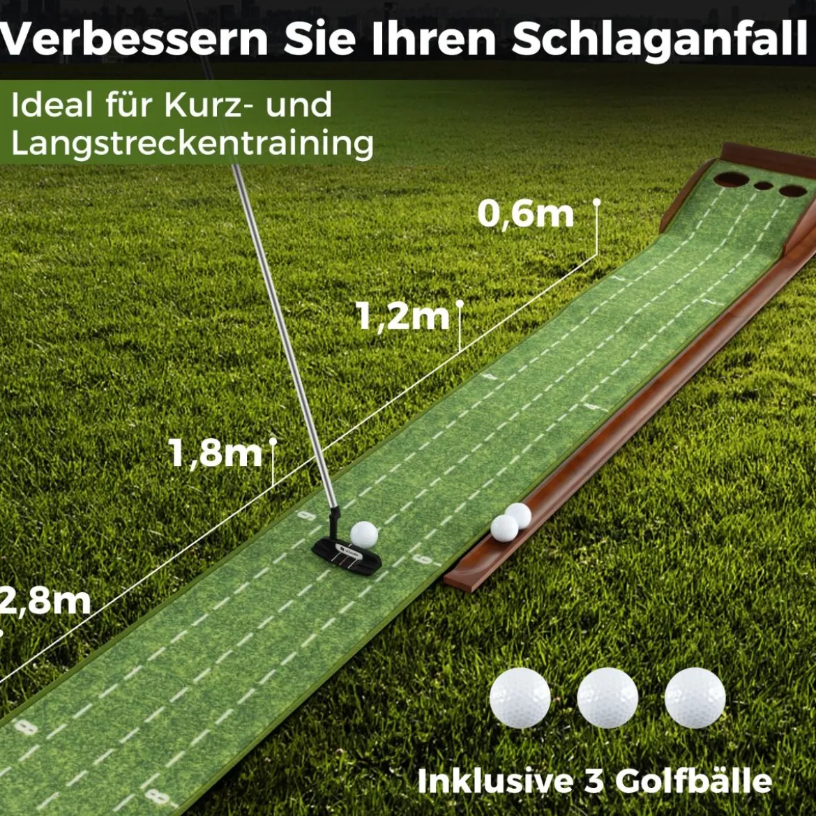 Golf Puttingmatte mit 3 Löchern & 3 Golfbällen & Kunstrasen Golfmatte Putting Trainer Grün