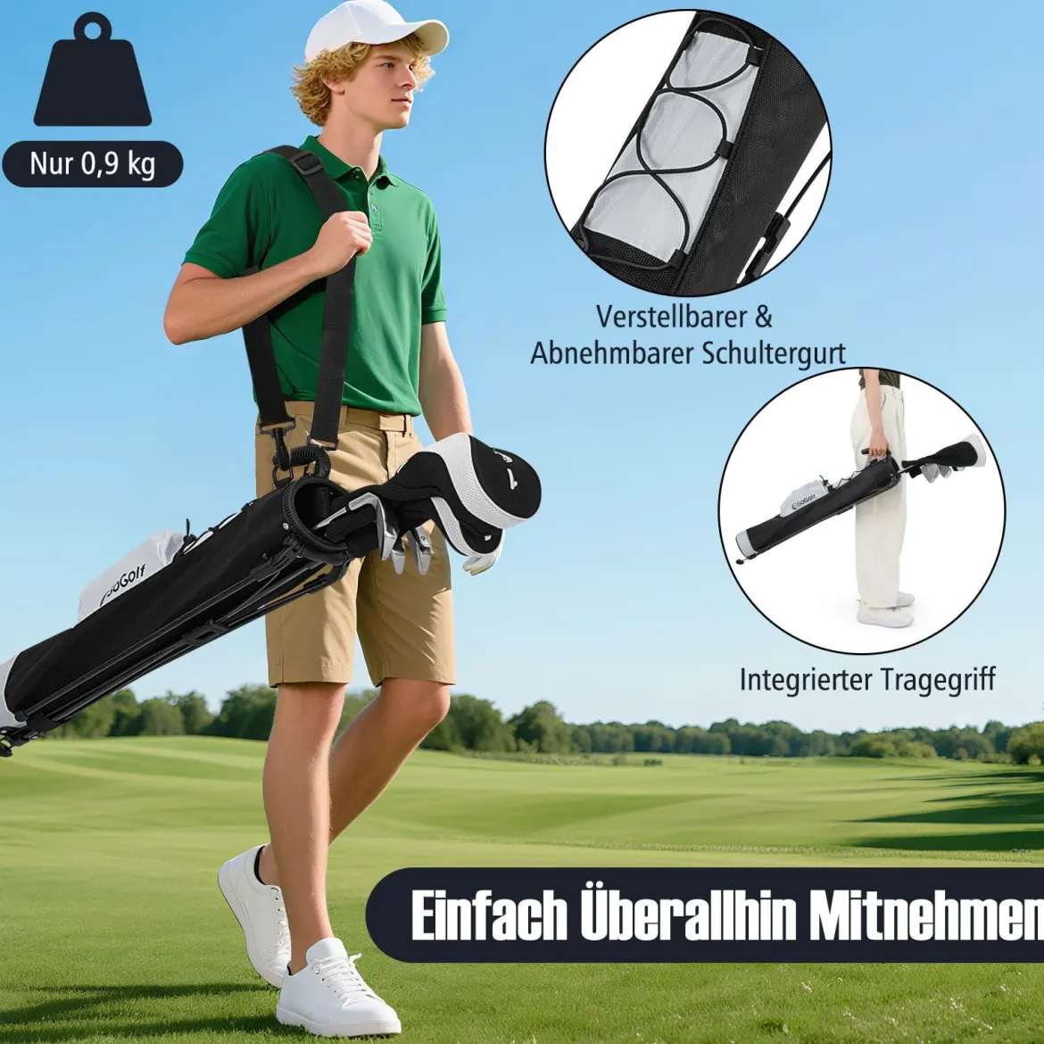 Golf-Standtasche Golfbag mit 2 er Unterteilung & Regenhaube Golftasche leicht mit Schultergurt Grau