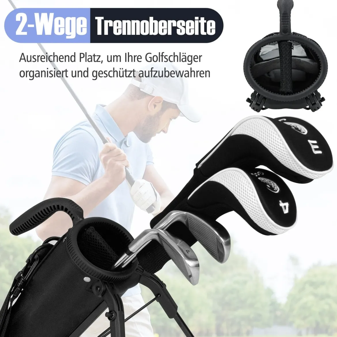 Golf-Standtasche Golfbag mit 2 er Unterteilung & Regenhaube Golftasche leicht mit Schultergurt Grau