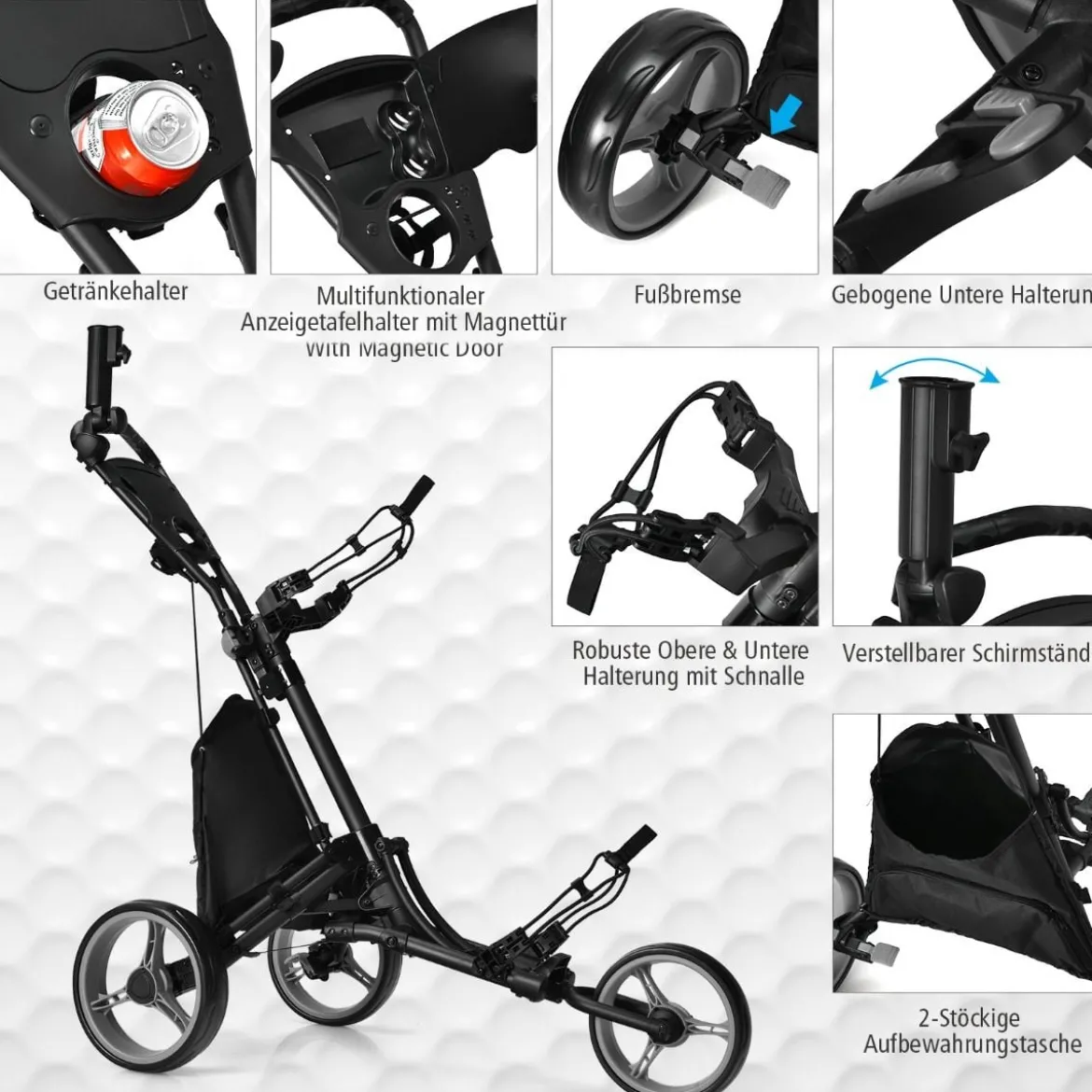 Golf Trolley 3 Rad Golftrolley Golfwagen Golf klappbar Golfcaddy Golf Push Cart aus Aluminum
