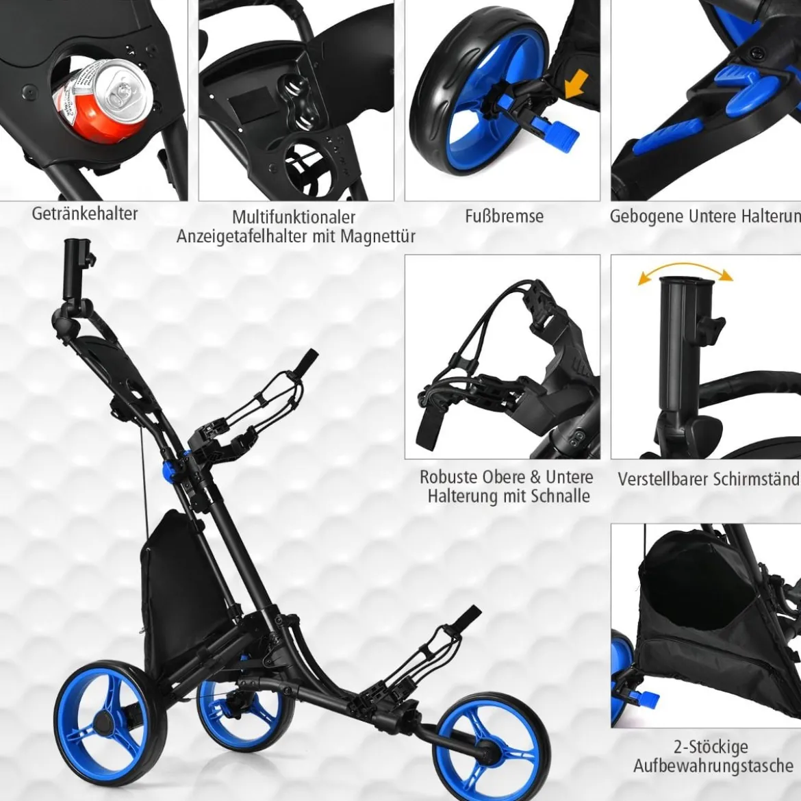 Golf Trolley 3 Rad Golftrolley Golfwagen Golf klappbar Golfcaddy Golf Push Cart aus Aluminum