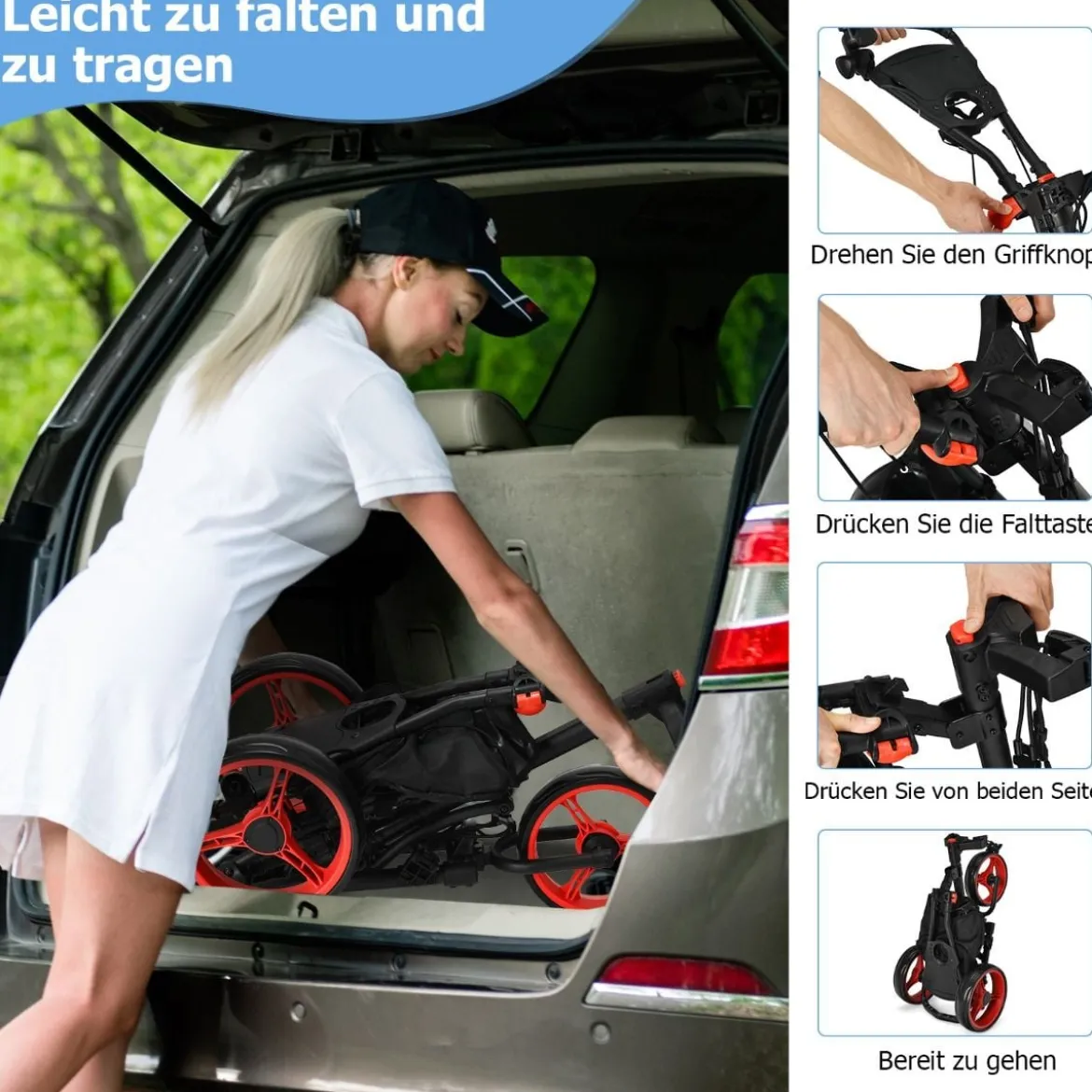 Golf Trolley 3 Rad Golftrolley Golfwagen Golf klappbar Golfcaddy Golf Push Cart aus Aluminum