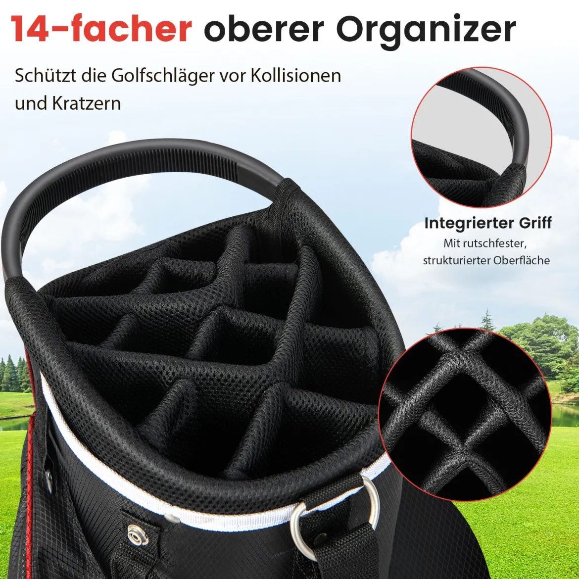 Golf Trolley-Tasche Golfschlägertasche mit 14 Fächern 9 Taschen Kühltasche Schuhfach Rot