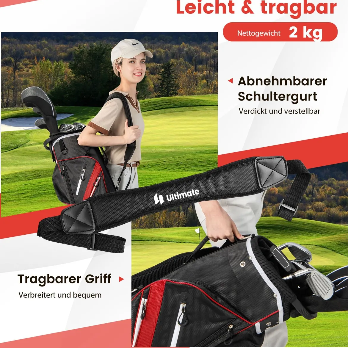 Golf Trolley-Tasche Golfschlägertasche mit 14 Fächern 9 Taschen Kühltasche Schuhfach Rot