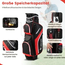 Golf Trolley-Tasche Golfschlägertasche mit 14 Fächern 9 Taschen Kühltasche Schuhfach Rot