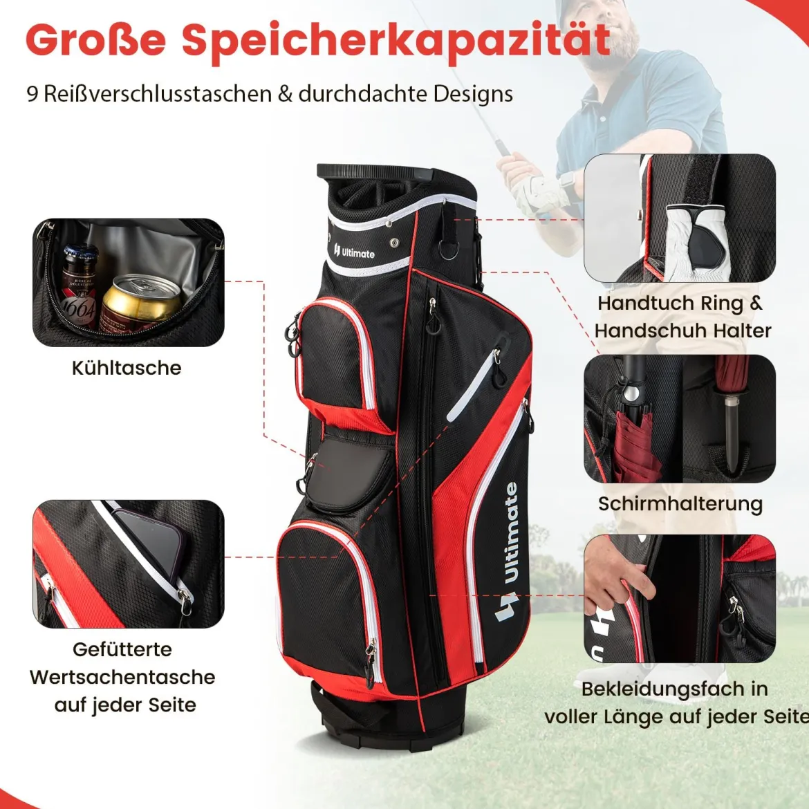 Golf Trolley-Tasche Golfschlägertasche mit 14 Fächern 9 Taschen Kühltasche Schuhfach Rot