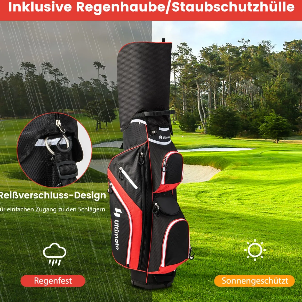 Golf Trolley-Tasche Golfschlägertasche mit 14 Fächern 9 Taschen Kühltasche Schuhfach Rot