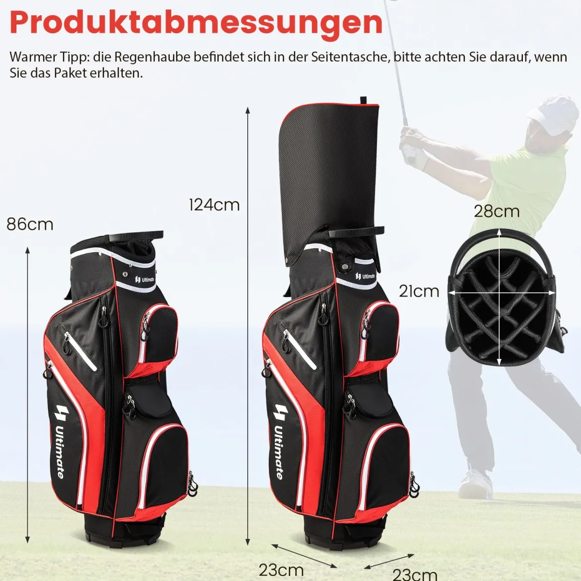 Golf Trolley-Tasche Golfschlägertasche mit 14 Fächern 9 Taschen Kühltasche Schuhfach Rot