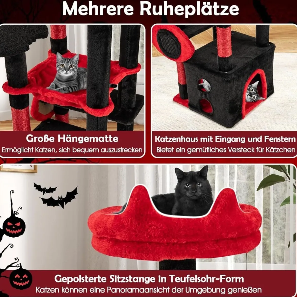 Gotische Katzenbaum mit Höhle & Hängematte & Kratzsäulen & Spinnenspielzeug Kratzbaum