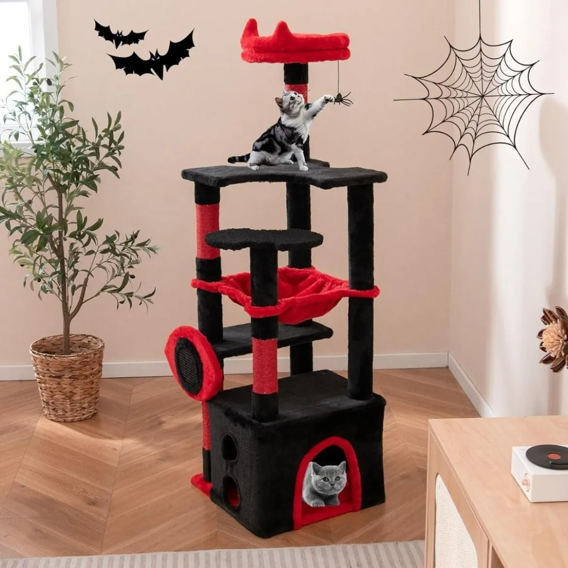 Gotische Katzenbaum mit Höhle & Hängematte & Kratzsäulen & Spinnenspielzeug Kratzbaum