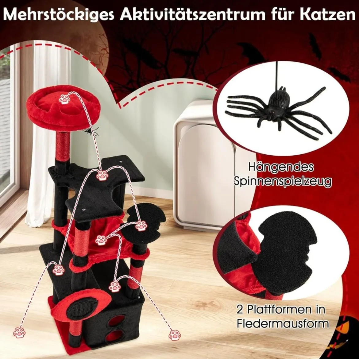 Gotische Katzenbaum mit Höhle & Hängematte & Kratzsäulen & Spinnenspielzeug Kratzbaum