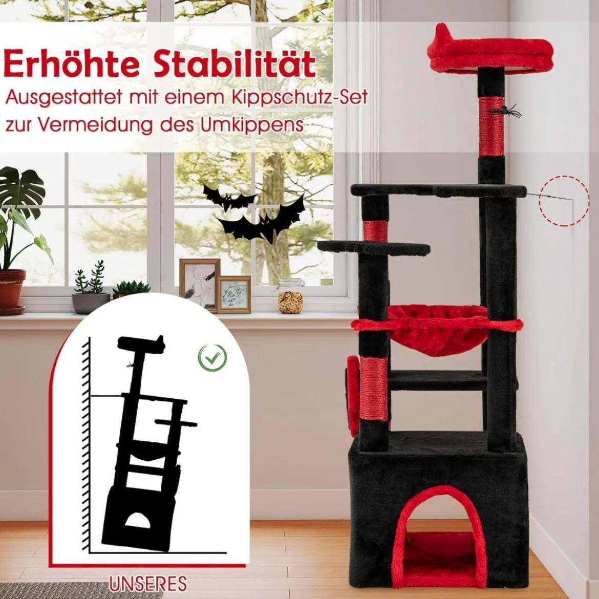 Gotische Katzenbaum mit Höhle & Hängematte & Kratzsäulen & Spinnenspielzeug Kratzbaum