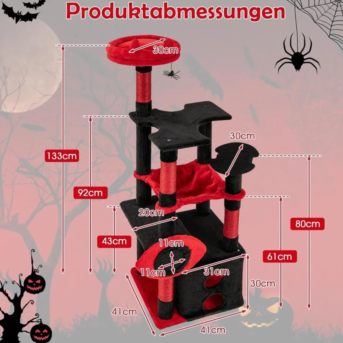 Gotische Katzenbaum mit Höhle & Hängematte & Kratzsäulen & Spinnenspielzeug Kratzbaum