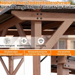 Grillpavillon Holz Grillüberdachung mit 2 Seitenregalen Schrägem Metalldach 263 x 151 x 223cm