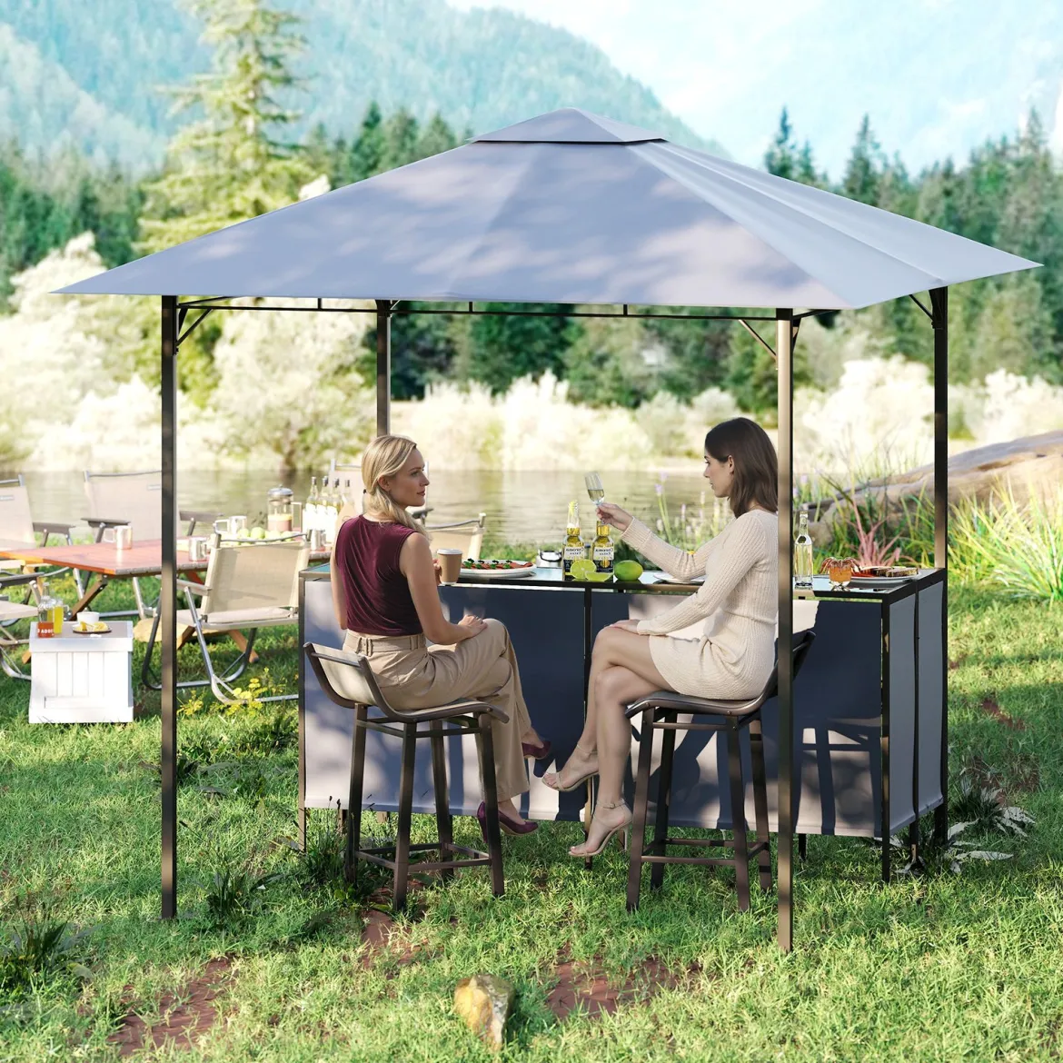 Grillpavillon mit Bar & 2 Stühlen Gartenpavillon mit Doppeldach 3 Teiliges Bar Set Grau