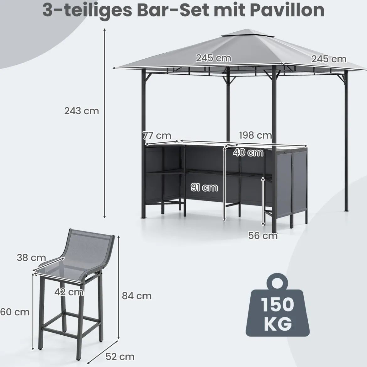 Grillpavillon mit Bar & 2 Stühlen Gartenpavillon mit Doppeldach 3 Teiliges Bar Set Grau