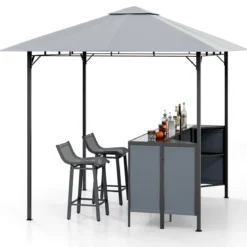 Grillpavillon mit Bar & 2 Stühlen Gartenpavillon mit Doppeldach 3 Teiliges Bar Set Grau