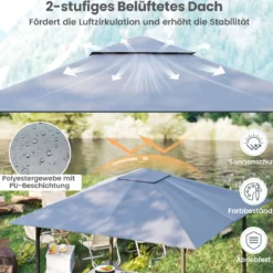 Grillpavillon mit Bar & 2 Stühlen Gartenpavillon mit Doppeldach 3 Teiliges Bar Set Grau