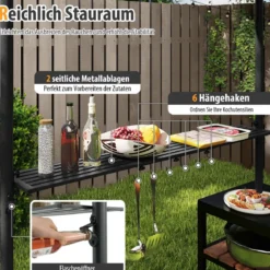 Grillpavillon mit Doppeldach & 2 Seitenregalen & 6 Haken Gartenpavillon BBQ Pavillon 242 x 150 cm Grau/Beige/Braun