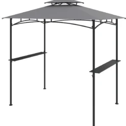 Grillpavillon mit Doppeldach & 2 Seitenregalen & 6 Haken Gartenpavillon BBQ Pavillon 242 x 150 cm Grau/Beige/Braun