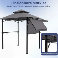 Grillpavillon mit Doppeldach & Ausziehbarer Seitenmarkise Gartenpavillon mit Metallablagen 247 x 150 x 254 cm